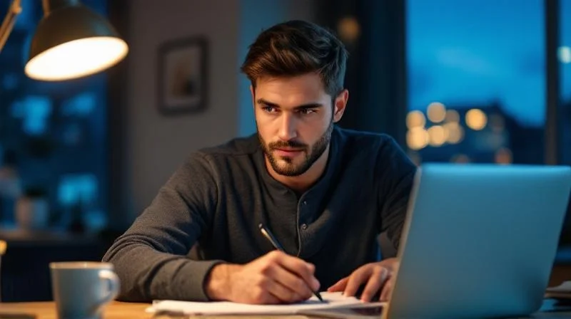 Mann lernt abends am Laptop für den Wirtschaftsfachwirt in Ludwigsburg